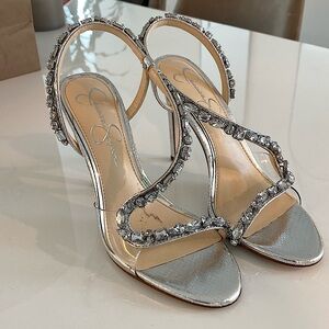 Silver crystal open toe high heels